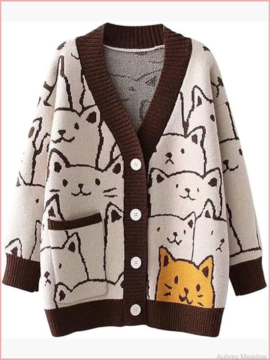 Sweaters - Oversized Kawaii Cat Cardigan Sweater Button Down V-Neck Lightweight Knit